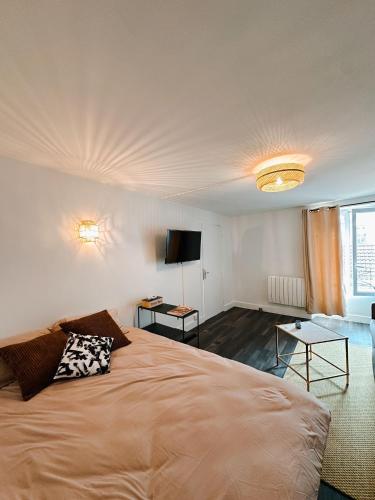 una camera da letto con un letto grande e un soggiorno di Studio neuf proche de Paris a Maisons-Alfort