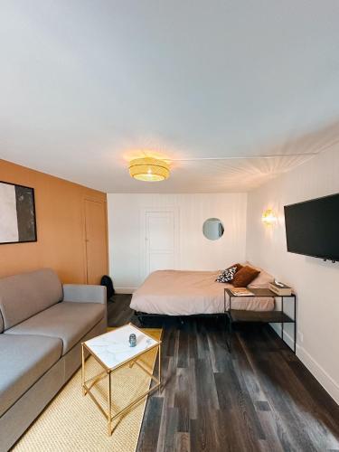 un soggiorno con un letto e un divano di Studio neuf proche de Paris a Maisons-Alfort