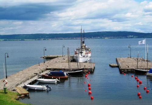a group of boats docked at a dock in the water at Walters Country Cottage i Jönköping in Jönköping