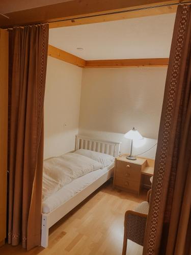 a bedroom with a bed and a table with a lamp at Alpina Apartments in Klosters