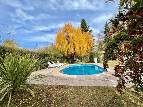 una piscina in un giardino con due sedie e un albero di Bobi’s House a Chacras de Coria