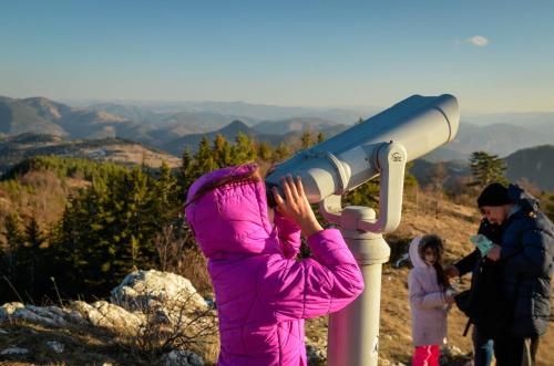 a woman looking through a telescope on a mountain at Planinska kuća Bubi - Tara, Zaovine. in Jezdići