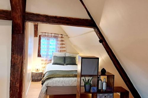 une chambre avec un lit dans un grenier dans l'établissement Belle Vue D'Auxerre, à Auxerre
