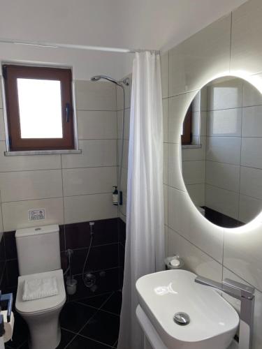 a bathroom with a toilet and a sink and a mirror at Villa Tabaku in Berat