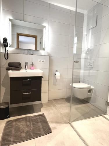 a bathroom with a shower and a sink and a toilet at Gastwirtschaft & Hotel Doll in Markt Indersdorf