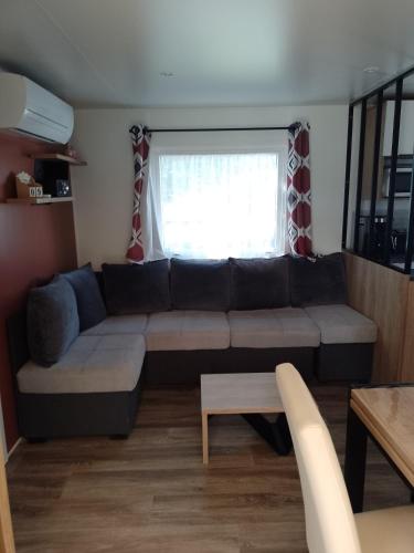 a living room with a couch and a window at MHVACANCES LOUENT PLUSIEURS MOBILHOMES DANS CAMPING 4 ETOILES PROCHE CHATEAUX et ZOO BEAUVAL in Onzain