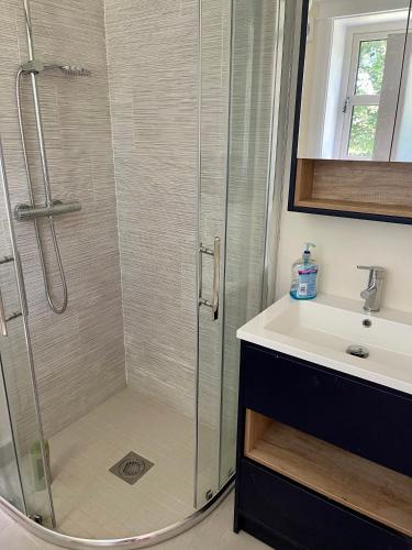 a shower with a glass door next to a sink at The Cottage at Ardbrae in Drumahoe