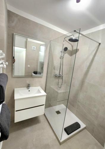 une salle de bain avec douche et lavabo dans l'établissement Le Cassidain - Port et plage - Luxious appartement, à Cassis