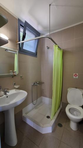 a bathroom with a shower and a sink and a toilet at Domatia me Thea in Elafonisos