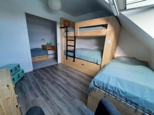 une chambre avec deux lits superposés et une fenêtre dans l'établissement Maison proche plage et côte sauvage, à Saint-Pierre-Quiberon