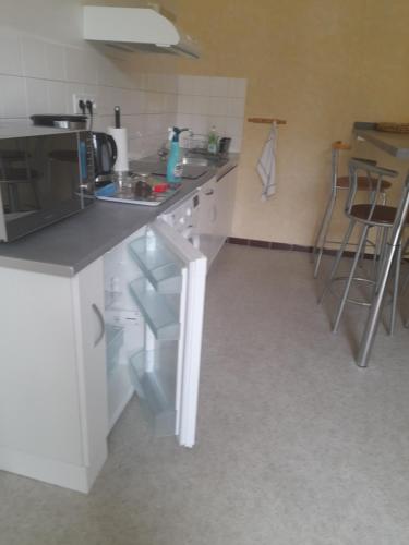 une petite cuisine avec un comptoir et un micro-ondes dans l'établissement appartement du pont de la seine, à Troyes