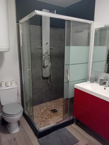 une salle de bain avec une douche avec des toilettes et un lavabo dans l'établissement Chez Jean Jacques, à Ploemeur