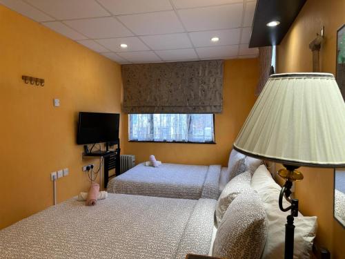 a bedroom with two beds and a lamp and a television at Bali Holiday Resort in Hong Kong