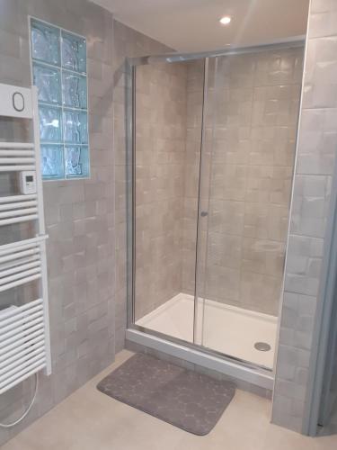 a shower with a glass door in a bathroom at Appartement 80m2 in Castellane