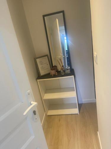 La salle de bains est pourvue d'une commode et d'un miroir. dans l'établissement Petit studio de Suzanne, à Ivry-sur-Seine