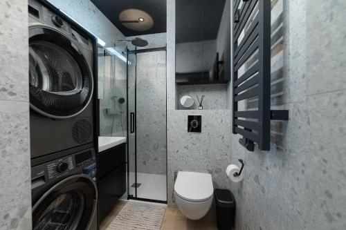 a bathroom with a toilet and a washing machine at Riverside City View & free parking in Rzeszów