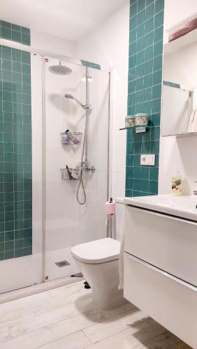 a bathroom with a shower and a toilet and a sink at AGRO da FONTE- Apartamento in Muros