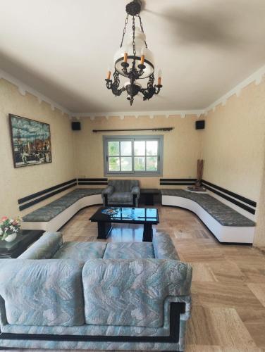 a large living room with a couch and a chandelier at HOTEL IREON beach in Samos