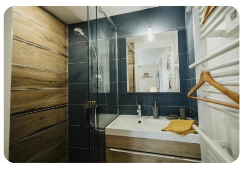 une salle de bain avec un lavabo et une douche en verre dans l'établissement Le Key Largo, à Cherbourg en Cotentin