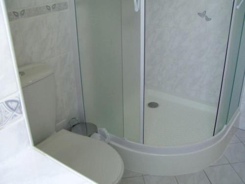 a white bathroom with a shower and a toilet at apartman domček in Liptovský Trnovec