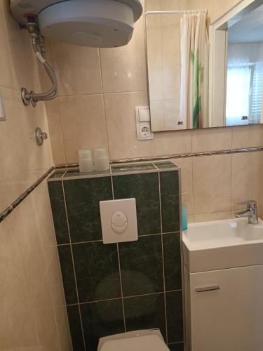 a bathroom with a toilet and a sink and a mirror at Zelena oaza in Baška Voda