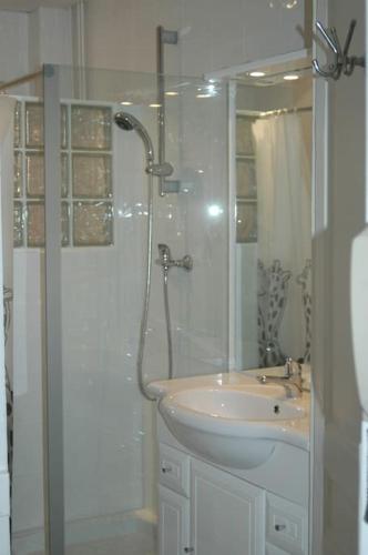une salle de bain blanche avec une douche et un lavabo dans l'établissement Appartement courte durée F1, à Bron