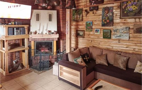 a living room with a couch and a fireplace at Nice Home In Raków With Sauna in Raków