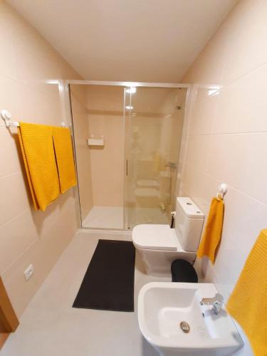 a bathroom with a toilet and a shower and a sink at A Toca dos Coelhos in Mogadouro