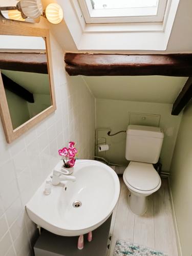 a bathroom with a white sink and a toilet at La petite maison in Sainte-Gemme-Moronval