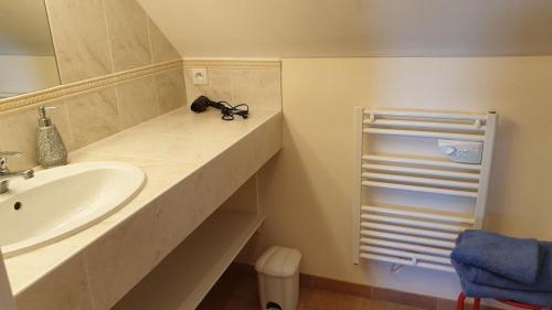 une salle de bain avec un lavabo et un miroir dans l'établissement Manoir de Kerguezec 15e S -Bretagne-Morbihan-SURZUR, à Surzur