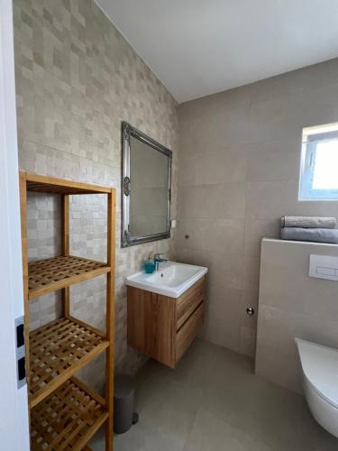 a bathroom with a sink and a toilet and a mirror at Apartmani Maksan in Pakoštane