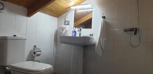 a bathroom with a sink and a toilet and a mirror at SHENA Guest House in Gjirokastër