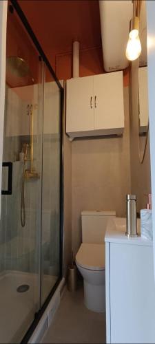 une salle de bain avec toilettes et douche en verre dans l'établissement Studio La CASITA COZY- la Défense - Paris St lazare, à Colombes
