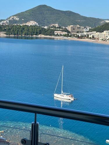 a boat in the middle of a large body of water at Luxury Apartments Trend in Budva