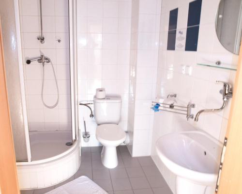 a bathroom with a shower and a toilet and a sink at Hotel Garni Orlova in Orlová