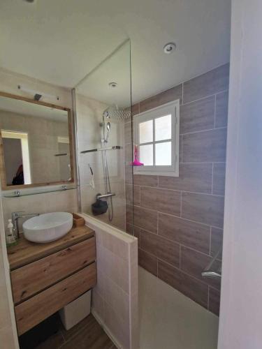 une salle de bain avec un lavabo, une baignoire et un miroir dans l'établissement Hameau des pins - Plage - Piscine - Wifi - Clim, à Saint-Raphaël