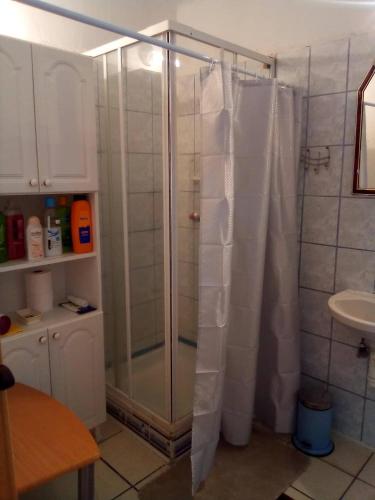 a shower with a shower curtain in a bathroom at Kulcsosház vendégház in Hollóháza