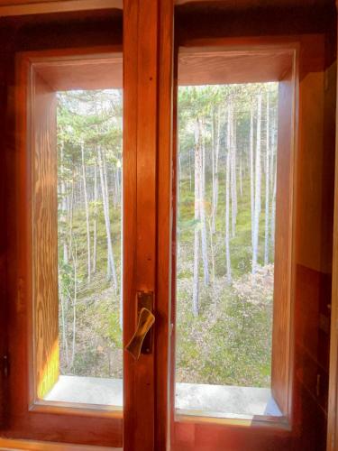 an open window with a view of a forest at Hotel Garnì Mille Pini in Scanno