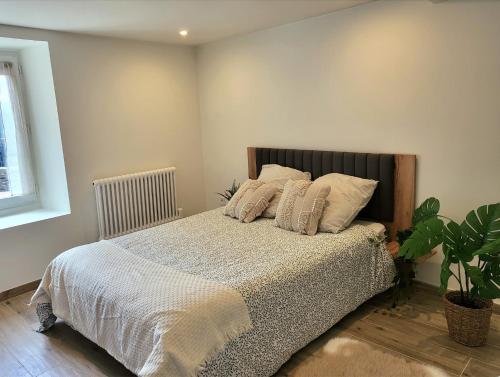 - une chambre avec un lit doté d'oreillers et d'une plante dans l'établissement Rochetaillé Petit Havre de paix, à Saint-Étienne