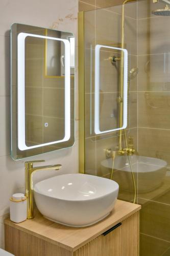 a bathroom with a sink and a mirror at Apartman ELENA in Senj