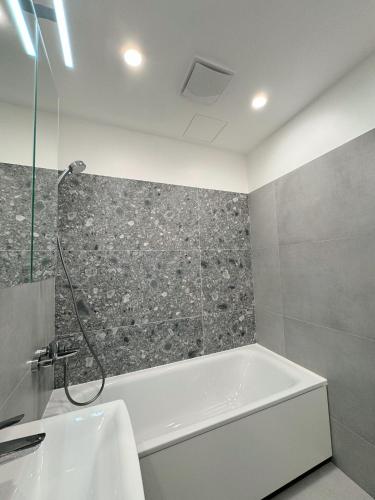 a bathroom with a bath tub and a sink at Dainas Apartment in Riga