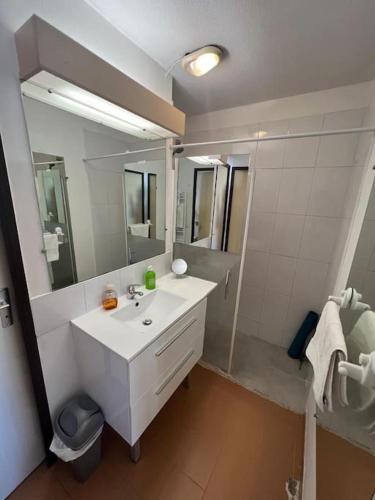 une salle de bain avec un lavabo blanc et un miroir dans l'établissement 1 Bed Antibes les pins with Pool, à Antibes