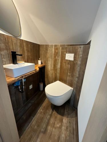 a bathroom with a toilet and a sink at Ganzes Tiny House "Thüringer Ruhe" mit großem Garten nahe Rennsteig in Laucha