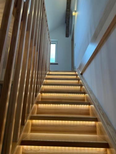 a staircase in a building with wooden steps at Ganzes Tiny House "Thüringer Ruhe" mit großem Garten nahe Rennsteig in Laucha