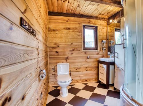 a bathroom with wooden walls and a toilet and a sink at Dzika Cisza DOMEK CAŁOROCZNY in Olchowiec