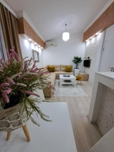 a living room with a couch and a fireplace at Apartments Pepdjonovic in Ulcinj