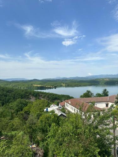 a view of a lake with buildings and trees at Vito's Apartment in Ulëz