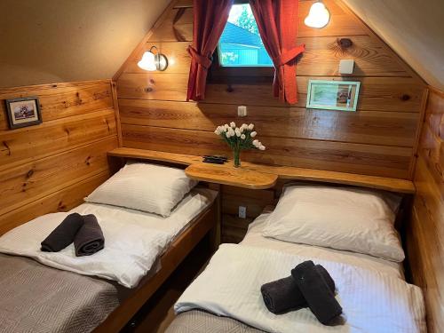 two beds in a room with wooden walls at Bungalow Bay Łacha in Łacha