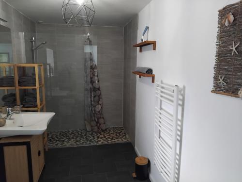 une salle de bain avec un lavabo blanc et une douche dans l'établissement Ti Guernevez - Le Cottage, à Briec