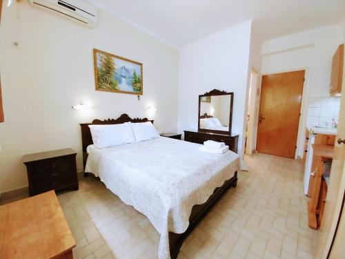 a bedroom with a large bed and a mirror at MAKIS STUDIOS KATELIOS in Katelios